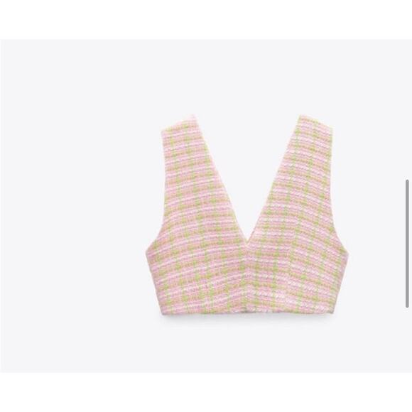 ZARA Pink & Green Tweed Cropped Vest - Vintage-Inspired Button Front Top - Picture 4 of 9